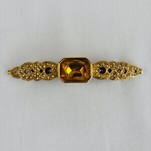 Amber Color Large Stone Barrette Gold Tone Metal Hair Clasp